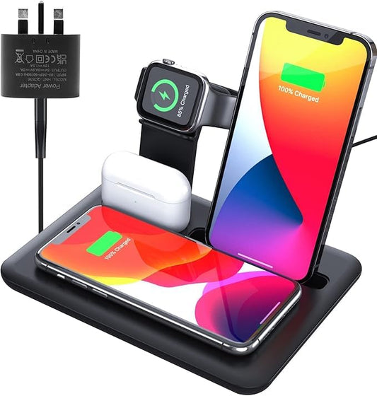 4 in 1 Wireless Charging Station, Multi-Device Wireless Charging, 15W Fast Charging Gear, Wireless Charger for iPhone, Apple Watch, Airpods and Other Smartphones - Black