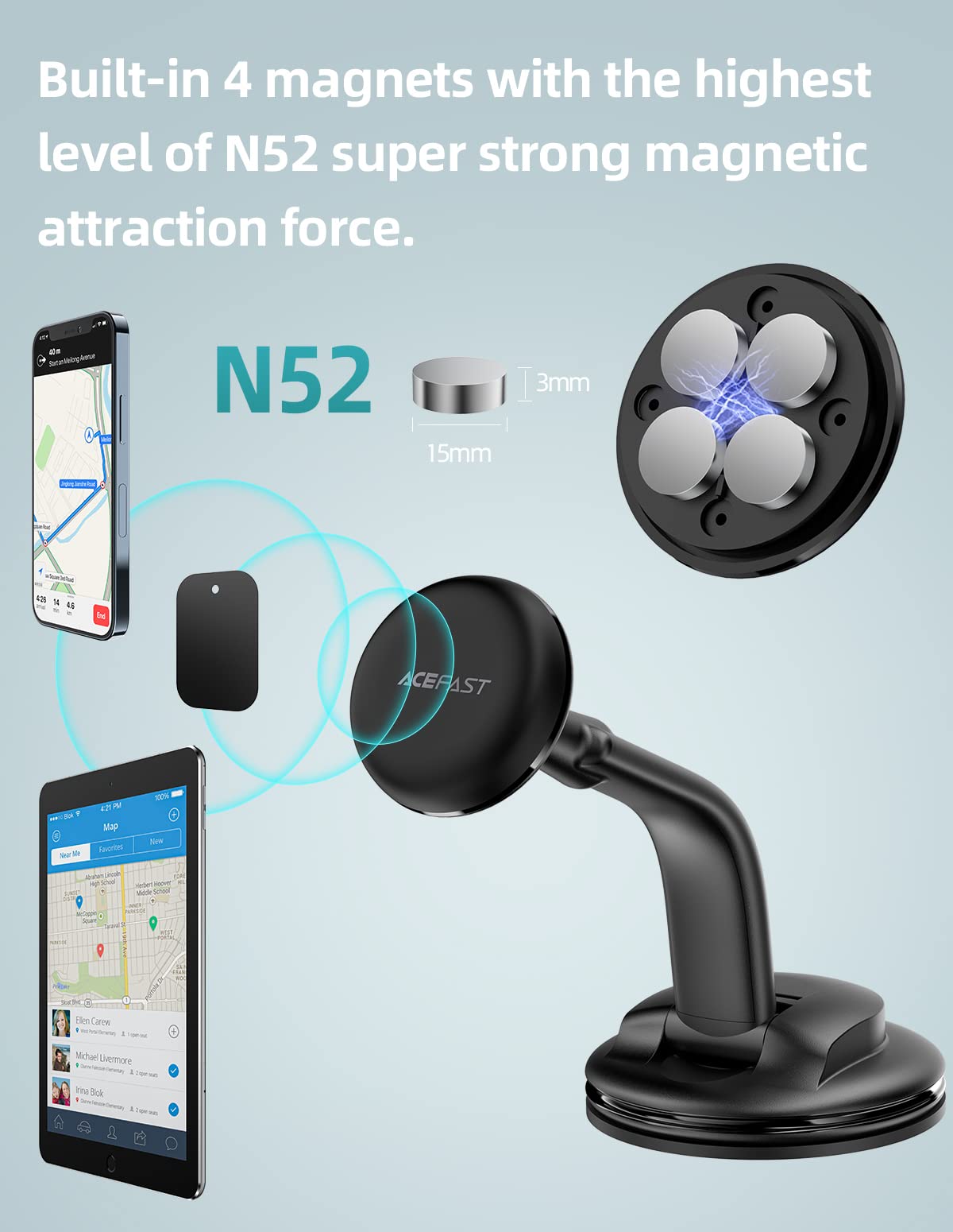 Magnetic Phone Car Mount, ACEFAST Universal Phone Car Holder Low Installation Height Built-in Four N52 Super Strong Magnets Large Sticky Base Suction Cup Dashboard Windshield Flexible Installation