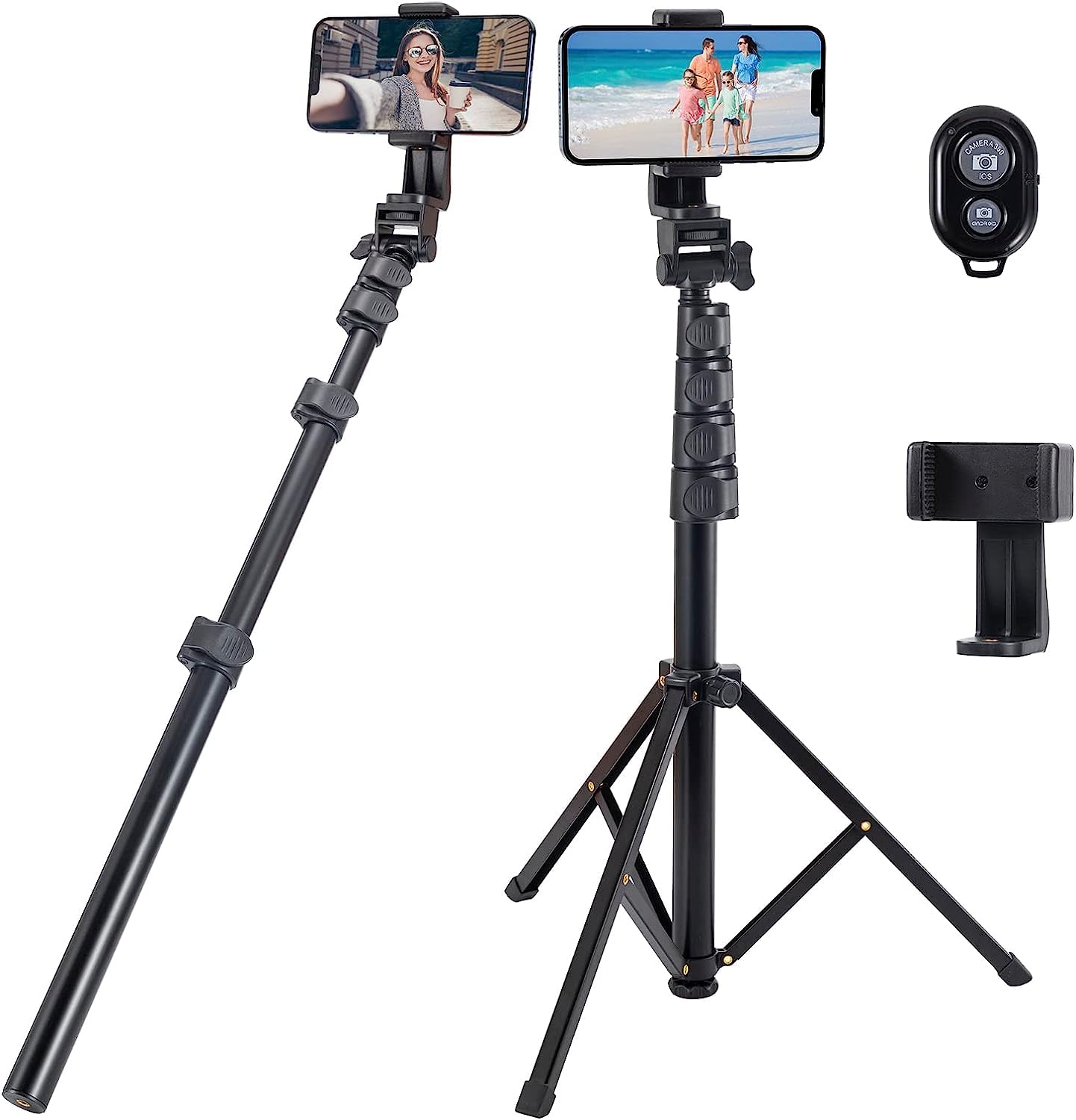 QQAPPU 170cm Phone Tripod, Extendable Selfie Stick Tripod with Remote, Portable Cell Phone Tripod Stand, Lightweight Travel Tripod