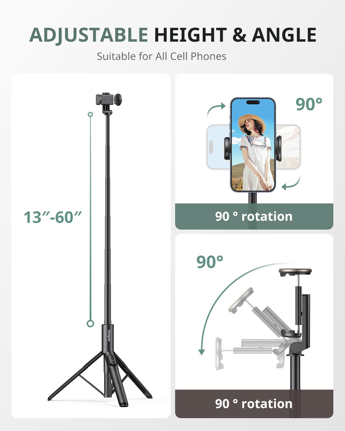 Sensyne 60" Phone Tripod & Selfie Stick, Lightweight All in One Phone Tripod Integrated with Wireless Remote Compatible with All Cell Phones for Selfie/Video Recording/Photo/Live Stream/Vlog（Black）