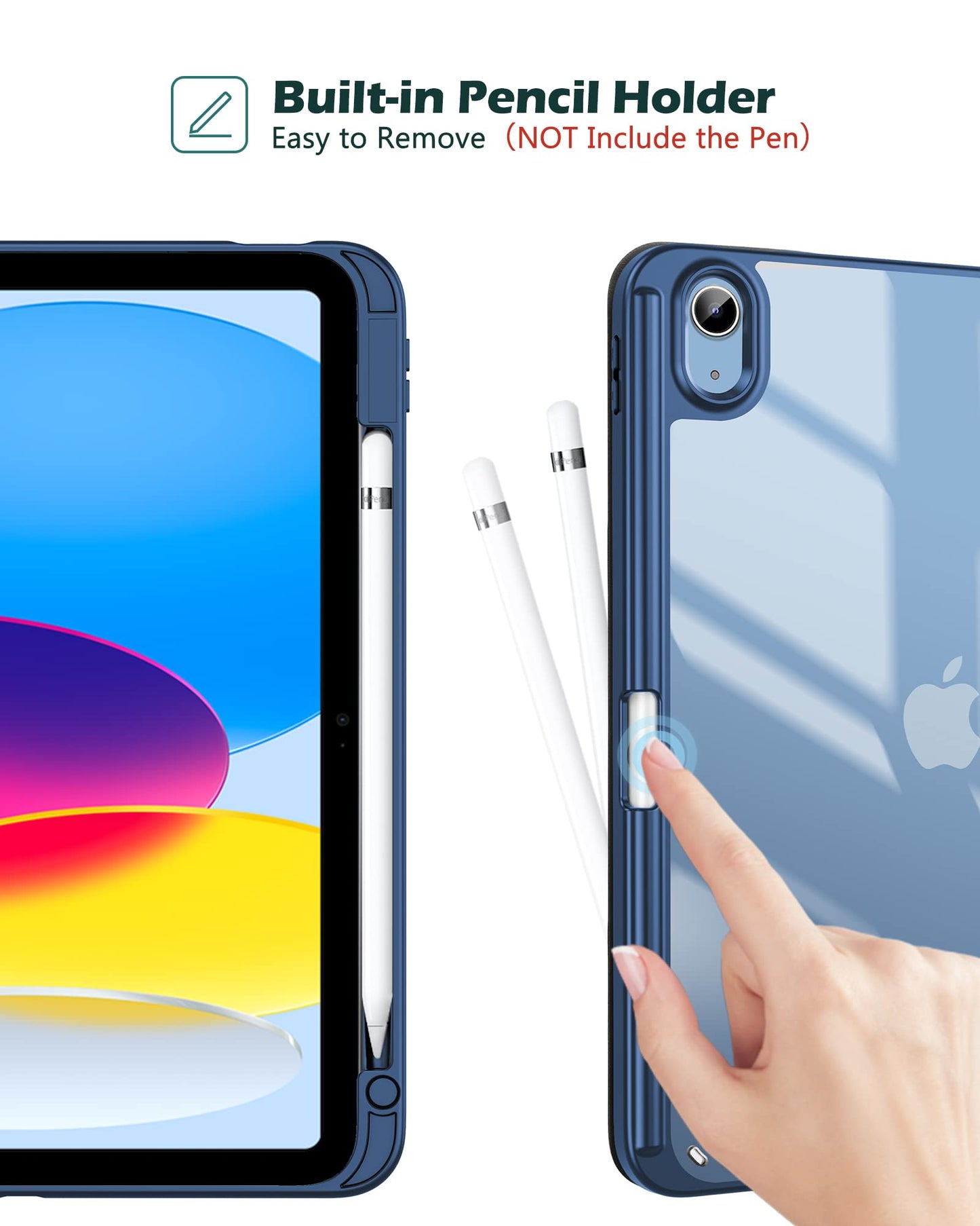 ProCase for iPad 10th Gen Case with Pencil Holder 2022 iPad 10.9 Inch Case, Clear Transparent Back Shell Trifold Protective Cases Shockproof Cover for 2022 iPad 10th Gen A2696 A2757 A2777 -Navy