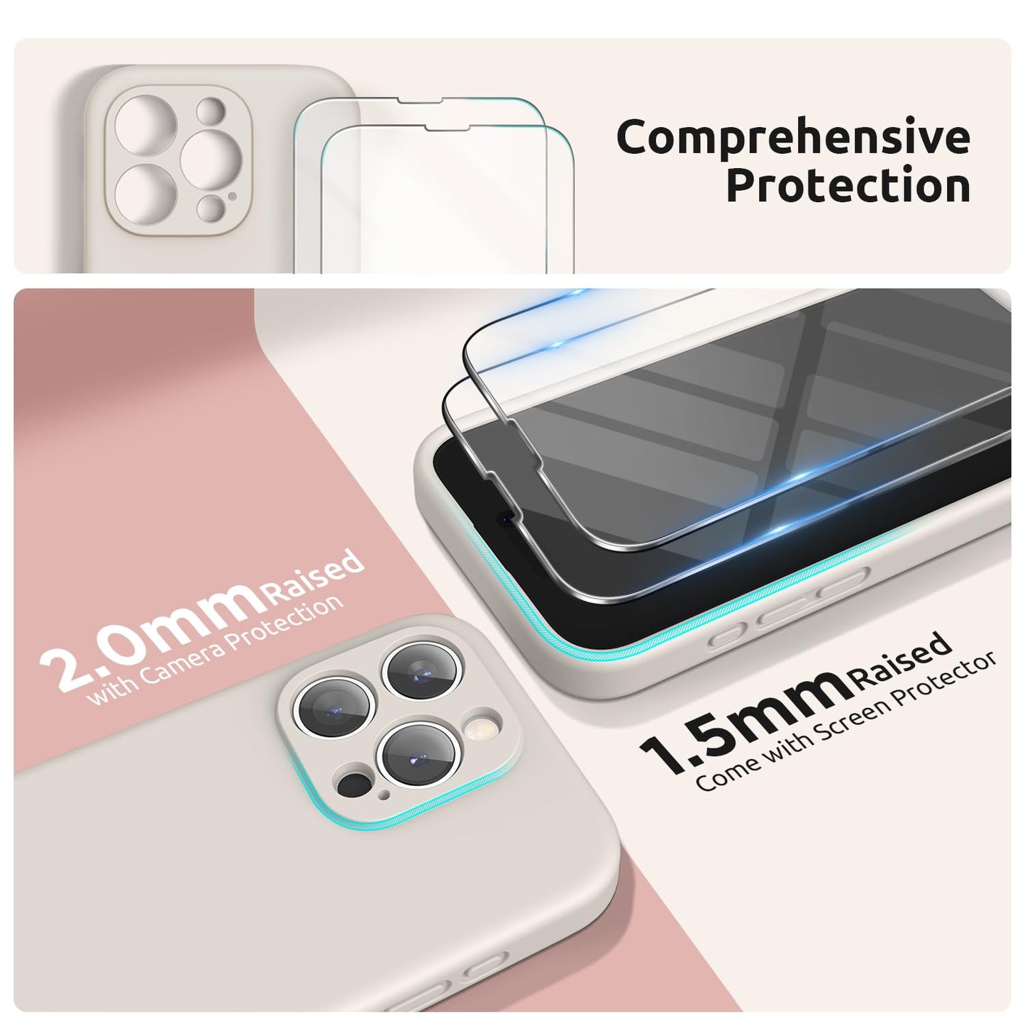 SURPHY Silicone for iPhone 15 Pro Case with Screen Protector and Lanyard, [Camera Protection] [Soft Microfiber Lining] Phone Strap and Shockproof Phone Cover 6.1 inch 2023, Stone