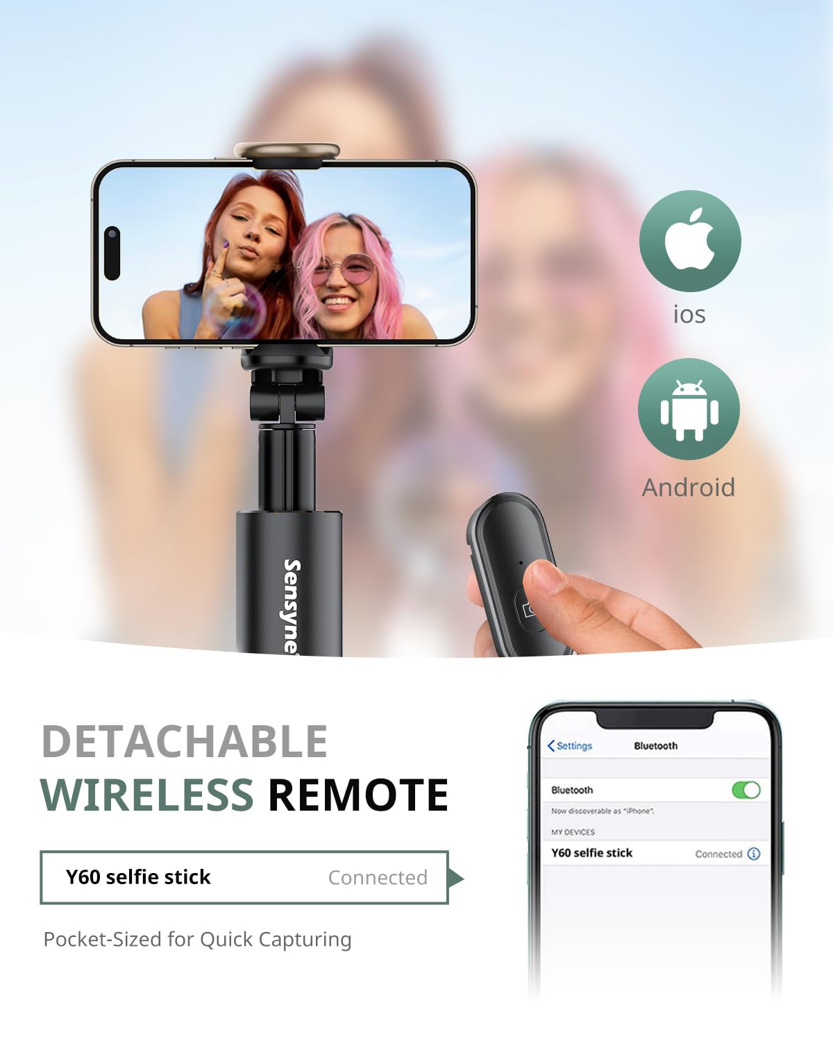 Sensyne 60" Phone Tripod & Selfie Stick, Lightweight All in One Phone Tripod Integrated with Wireless Remote Compatible with All Cell Phones for Selfie/Video Recording/Photo/Live Stream/Vlog（Black）