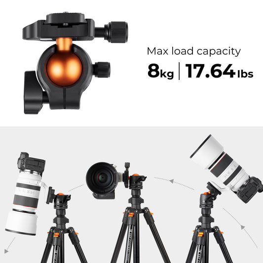 K&F Concept 64 inch/163cm Camera Tripod,Lightweight Aluminum Travel Outdoor Tripods with 360 Degree Ball Head Load Capacity 8kg/17.6lbs,Quick Release Plate, for DSLR Cameras K234A0+BH-28L