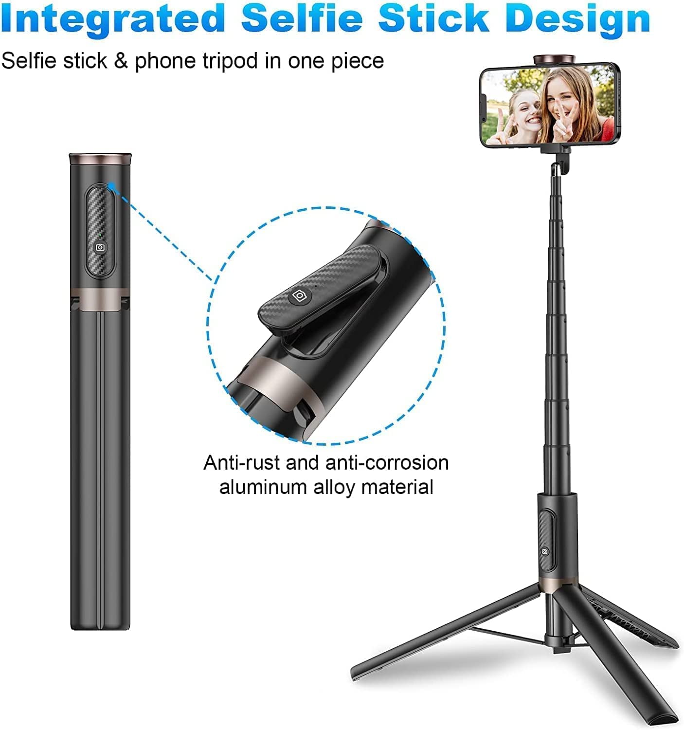 TONEOF 152cm Cell Phone Selfie Stick Tripod, Smartphone Tripod Stand All-in-1 with Integrated Wireless Remote,Portable,Lightweight,Extendable Phone Tripod for 4''-7'' iPhone and Android (Black)