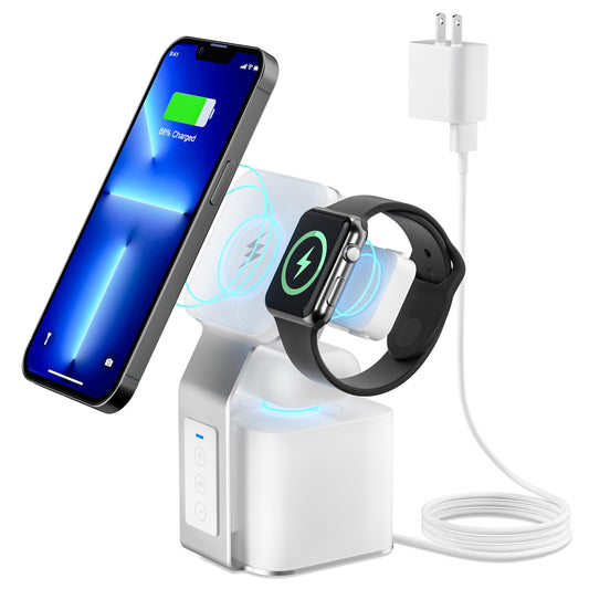 Rerctob Wireless Charger,4 in 1 Charging Station,Fast Wireless Charger(20W PD Adapter) With Blue-Tooth Speaker for iPhone 15 14 13 12 11 Series, for Apple Watch & AirPods Charger Stand,