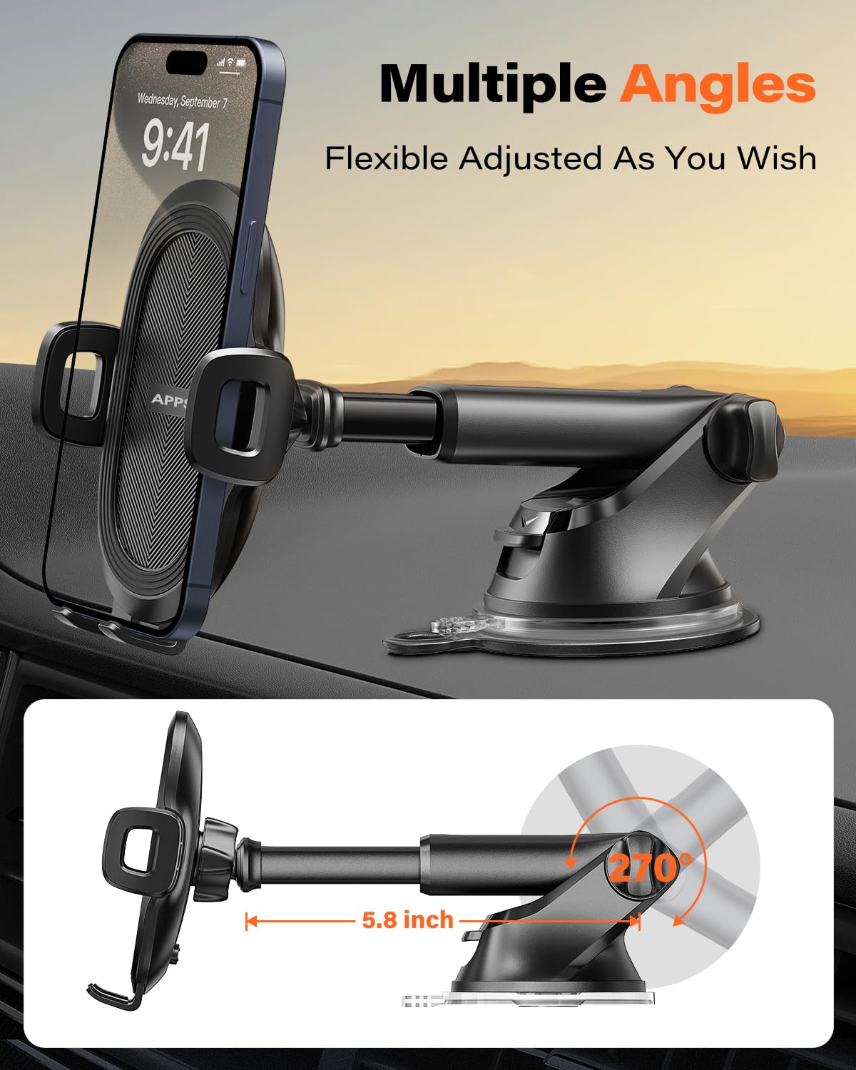 APPS2Car Car Phone Holder Car Holder Mobile Universal 360 Mobile Stand for Car Dashboard Windshield Compatible for 4.7-6.8 iPhone 15/14/13 series Samsung and More