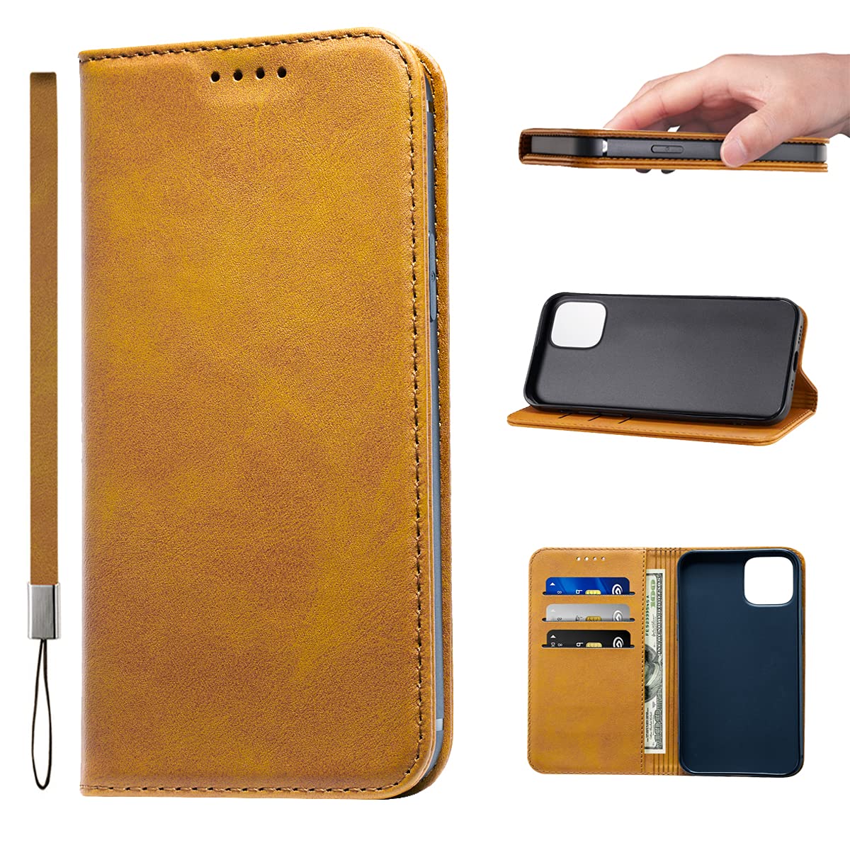 LANJLM iPhone 13 Case PU Leather Wallet Case Card Holder Shockproof Flip Cover - Khaki