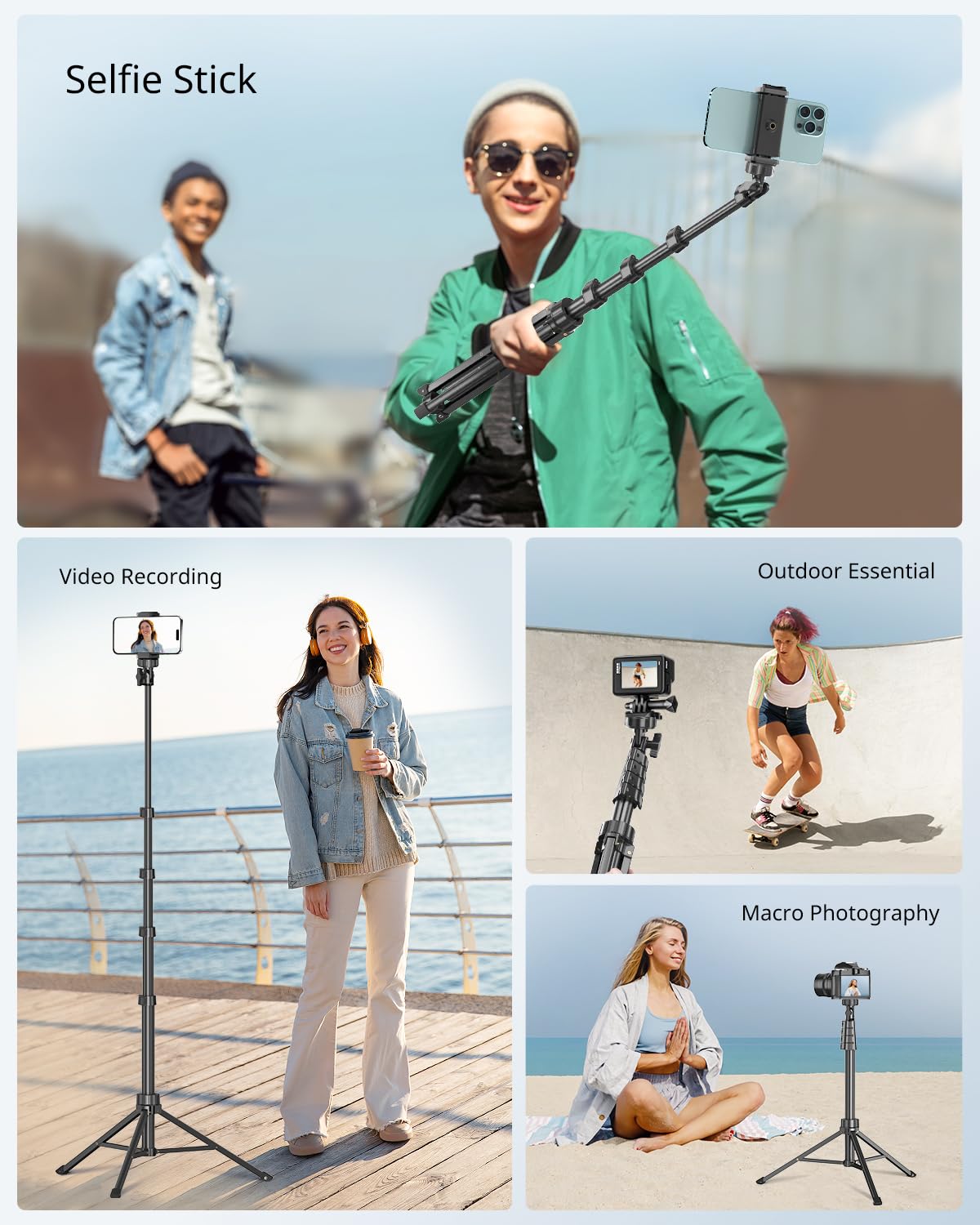 Sensyne 62" Selfie Stick,4 in 1 Professional Selfie Stick Tripod with Wireless Remote and Phone Holder, Phone Tripod with 1/4 Screw Compatible with iPhone Android Phone, Camera (Black)