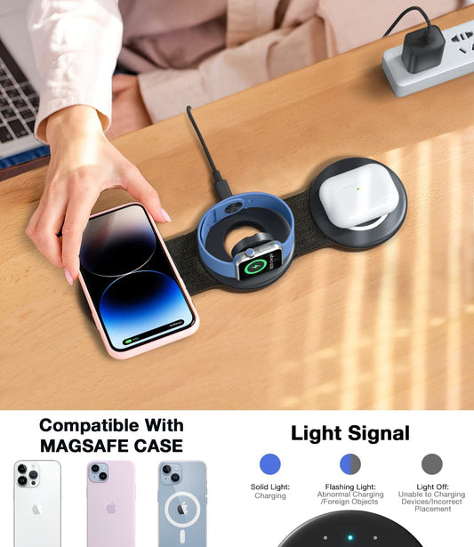 3 in 1 Wireless Charging Station, Magnetic Foldable Charger Stand Wireless Charging Pad Fast Charging Station for iPhone 14/13/12/Pro/Max, Charging Dock for Apple Watch Series, AirPods 3/2/Pro-White