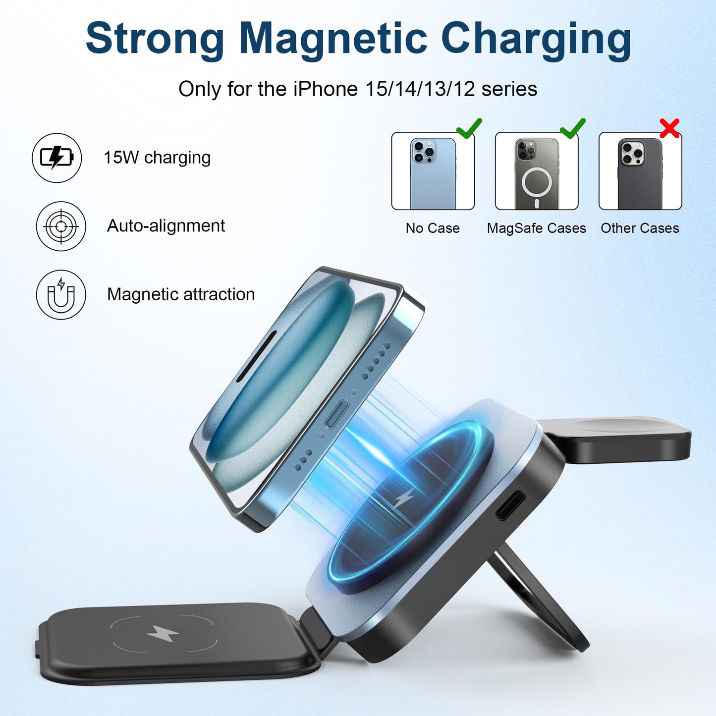 Ufanore Wireless Charger, 3 in 1 Foldable Portable Wireless Charging Station, Magnetic 15W Wireless Charger Stand Compatible with MagSafe iPhone 15/14/13/12 series, Apple Watch and AirPods