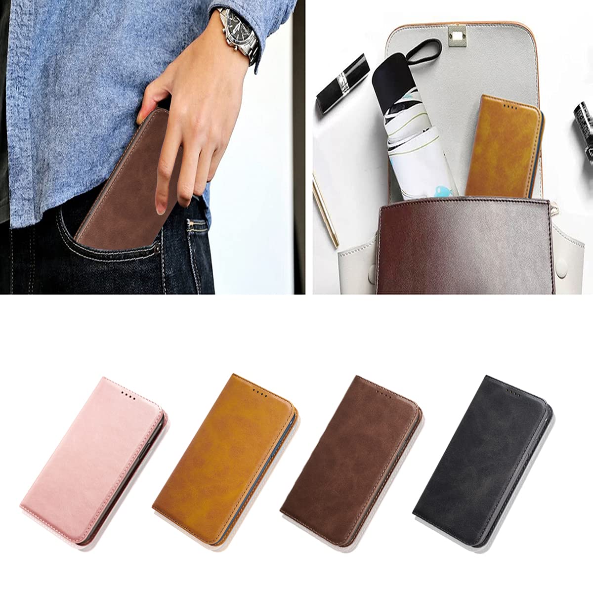 LANJLM iPhone 13 Case PU Leather Wallet Case Card Holder Shockproof Flip Cover - Khaki