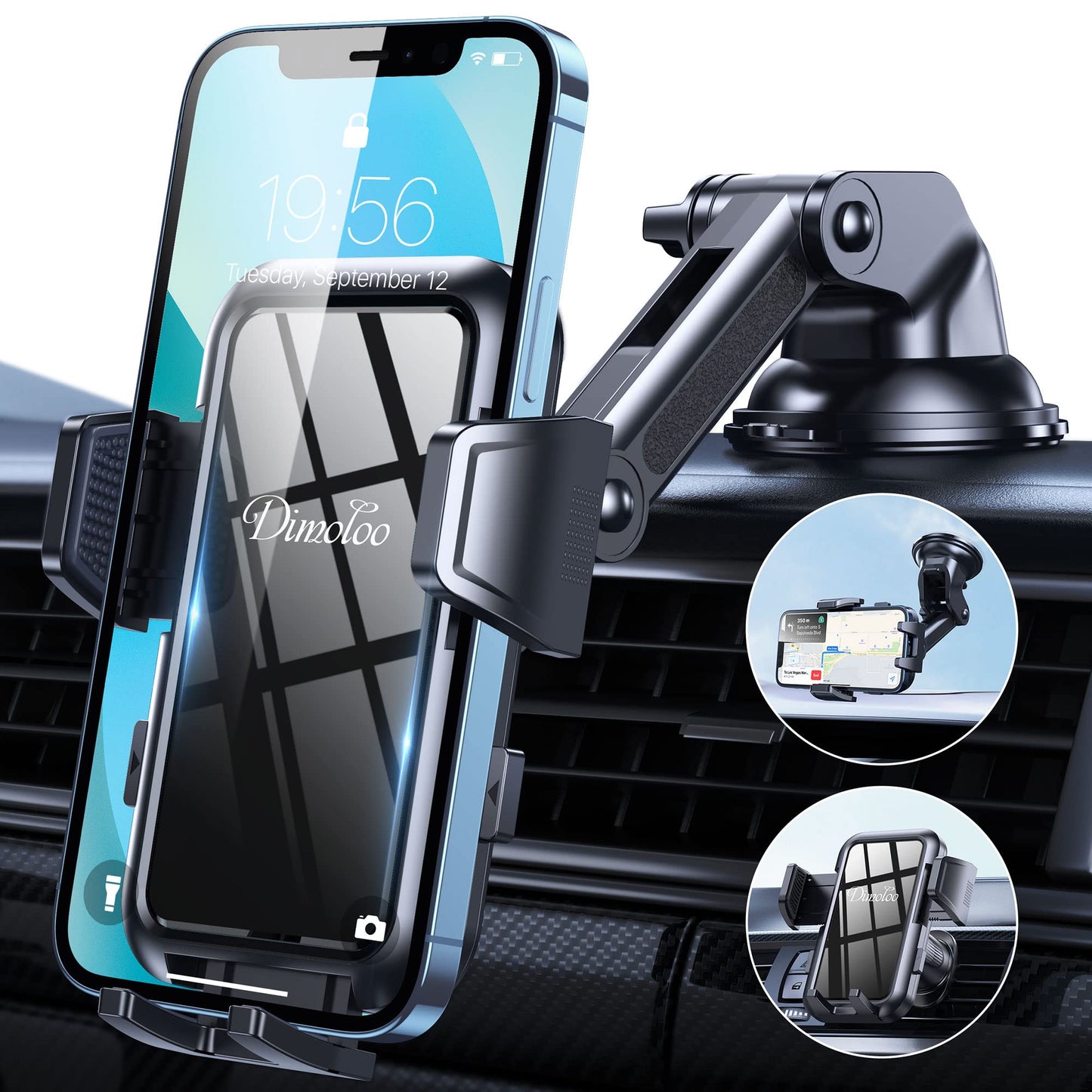 Phone Mount for Car (3 in 1) Dashboard Windshield Air Vent [Multi-Angle Adjustment Arm] Dash Phone Holder Mount, Car Cell Phone Holder, Hands Free iPhone Stand for Car Fit for All Mobile Phones.