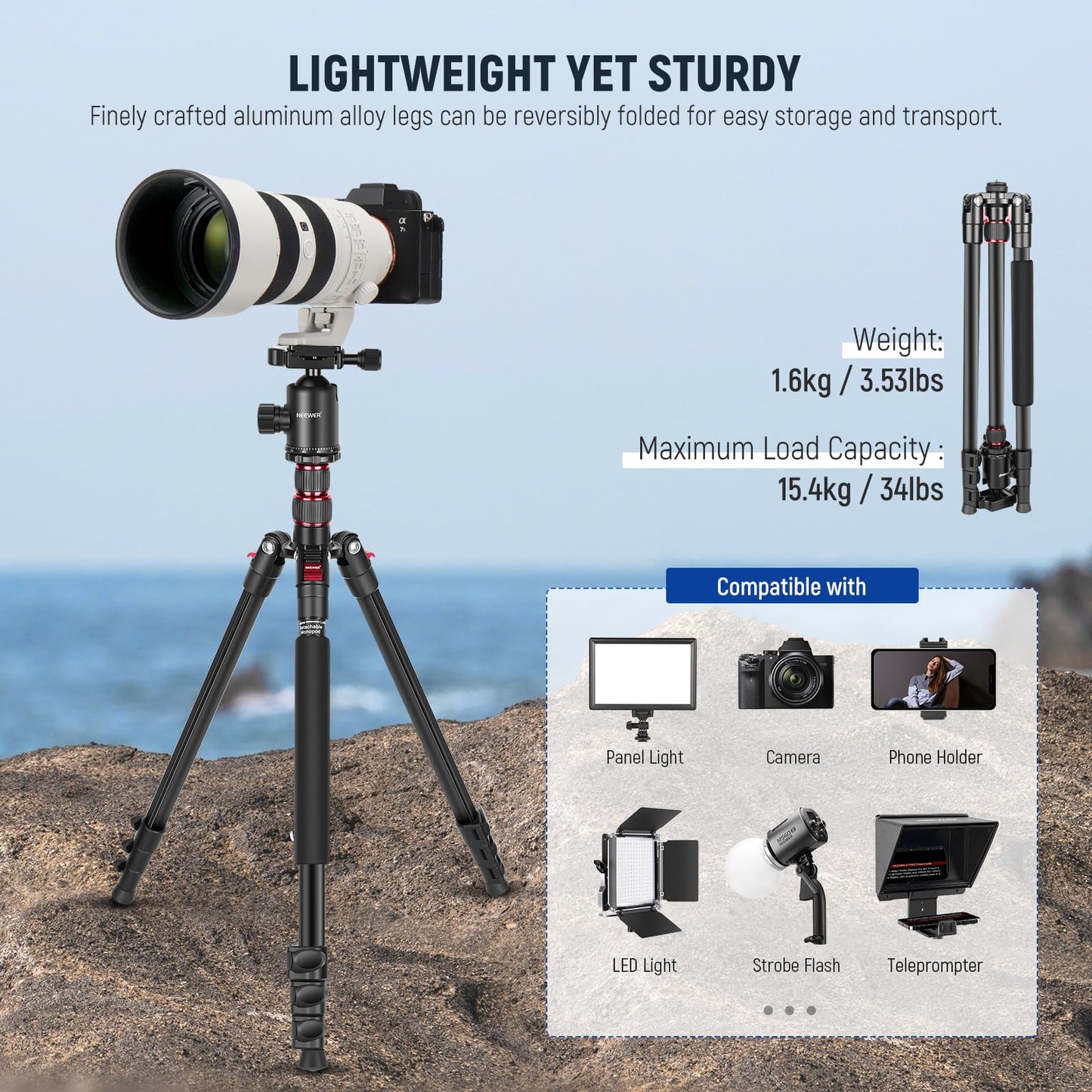 Neewer 77-Inch Tripod, Camera Tripod for DSLR, 2-in-1 Compact Aluminum Tripod Monopod with 360 Degree Ball Head, 2 Center Axis, QR Plate and 8 Kilograms Load for Travel and Work, Carry Bag Included